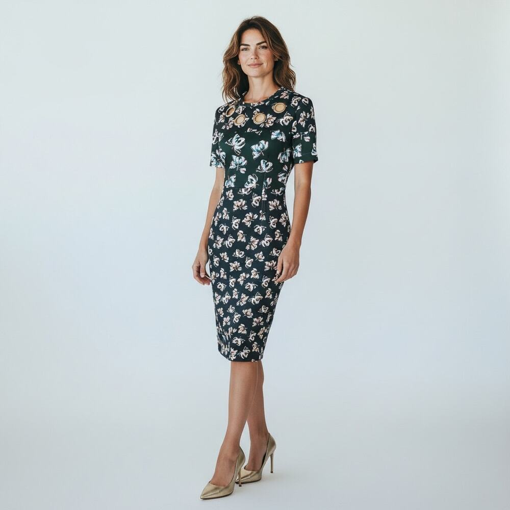 Yigal Azrouel Floral Printed Scuba Short Sleeve Dress NEW Size 8 Stretch $695